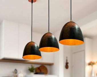 Set of 3 Half-Egg Dome Pendant Lights, Hammered Copper Kitchen Island Light Fixture, Handmade Ceiling Lamps, Rustic Pendant Lighting