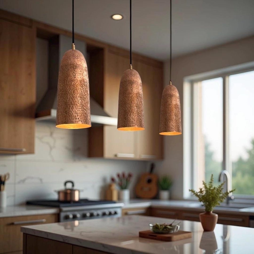 Set of 3 Copper Pendant Lights, Vintage Patina Farmhouse Light Fixture ...
