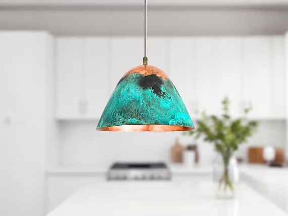 Handmade Green Patina Copper Pendant Light, Vintage pendant lights, Kitchen Island Lights, ceiling light Fixture, Oxidized Dome Lamp