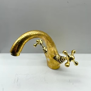 Unlacquered Solid brass bathroom vanity faucet WITH cross Handles , Vintage deck mount faucet , brass bathroom faucet