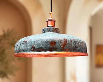 Lámpara colgante de cobre martillado con pátina azul | Lámpara de isla de cocina de estilo rústico | Lámpara de araña de cúpula industrial | Lámpara de techo vintage hecha a mano