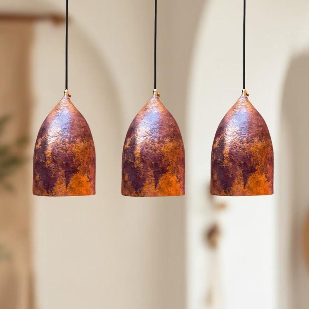 Set of 3 Cottagecore Ceiling Lights, Hammered Copper Pendant Lamps ...