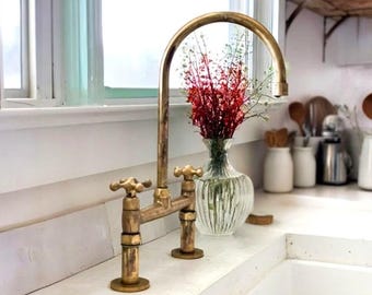 Antique Brass Kitchen Faucet, Aged Brass Faucet, Patina Brass Faucet, Handmade Morrocan Brass Kitchen Faucet, Brass Bridge Bar Faucet