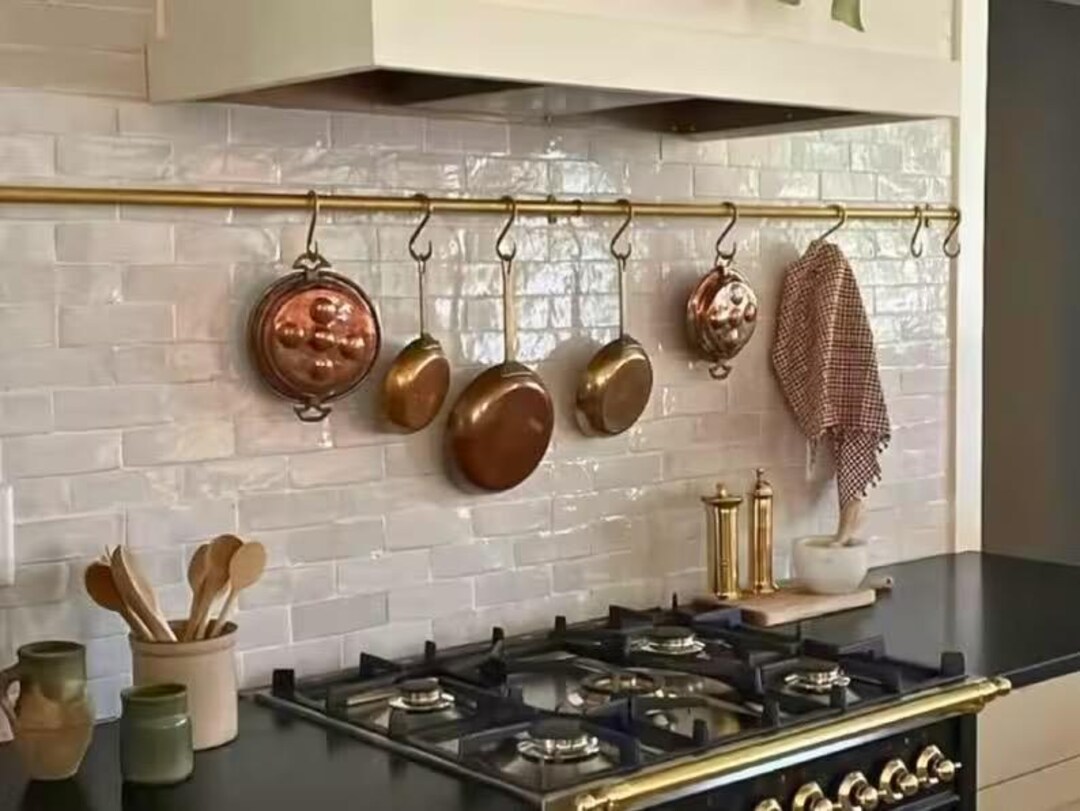 Pot Rack Rail Unlacquered Brass Pot Rail With S Hooks Vintage, Solid Antique Brass ...