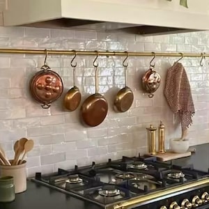 Unlacquered Brass Pot Rail with S hooks Vintage, Solid Antique Brass Pot Rack for pots, pans, and utensils, wall mounted Pot Rail Brass