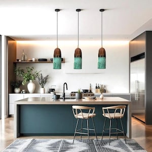 Set of 3 Handmade Hammered Copper Pendant Lights - Cylinder Green Patina, Industrial Farmhouse Kitchen Island Ceiling Fixture