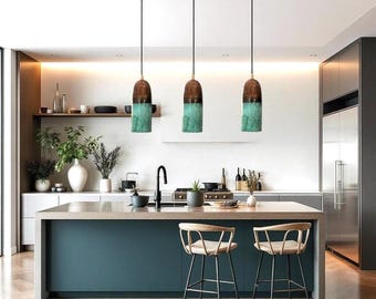 Set of 3 Handmade Hammered Copper Pendant Lights - Cylinder Green Patina, Industrial Farmhouse Kitchen Island Ceiling Fixture