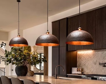 Rustic Hammered Copper Pendant Light, Mission Style Kitchen Island Lighting, Copper and Black Dome Hanging Fixture, Craftsman Farmhouse Lamp