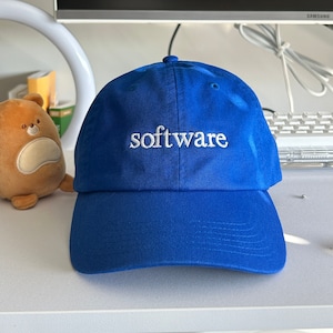 May include: A blue baseball cap with the word "software" embroidered in white on the front.