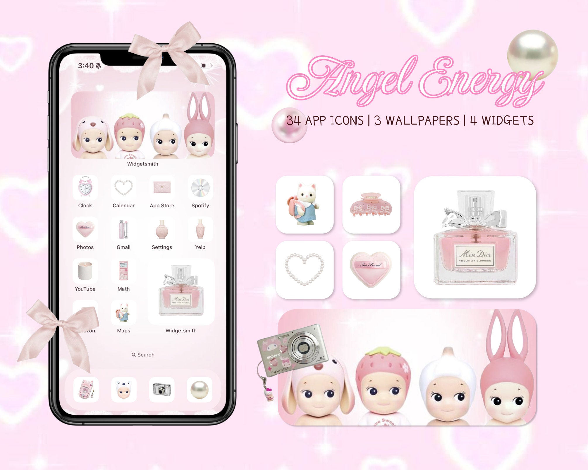 Pink Bow Ios Pink Bow App Icon Pack: Angel Energy, Coquette iPhone Wallpaper ...