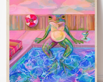 Frog in a pool Art Print and Canvas for Wall Decor, Painting for Home Wall Gallery, Froggy Wall Art, Gift for Frog Love, Pink Dopamine Art