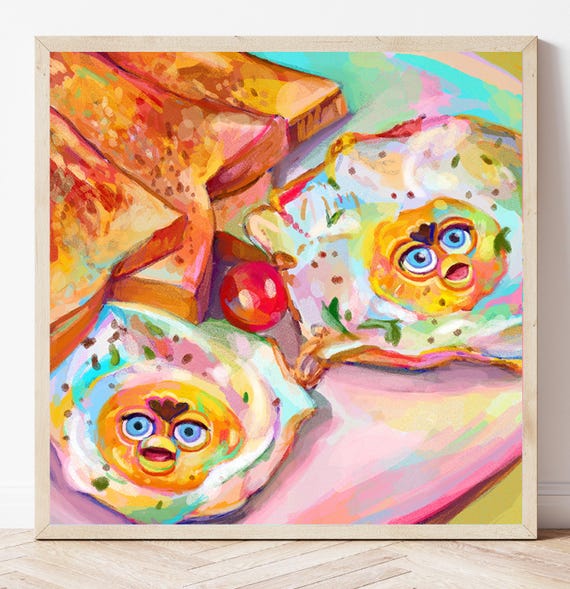 90sファービーfurbyシーツusedシーツ　ビンテージ　アメキャラ　キャラ Cursed Furby Eggs Art Print, 90s Quirky Wall Decor, Surreal Food