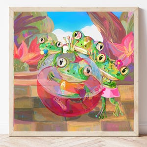 May include: A framed digital illustration featuring four green frogs in a vibrant garden setting. One frog sits inside a large, translucent red sphere, while three others surround it. The scene includes pink flowers, green foliage, and a blue sky.