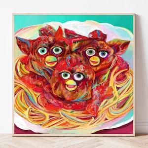 Furby Spaghetti and Meatballs Art Print, 90s themed wall art, Cursed Furby art, Quirky Wall Decor, weird 90s inspired art
