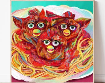 Furby Spaghetti and Meatballs Art Print, 90s Themed Wall Art