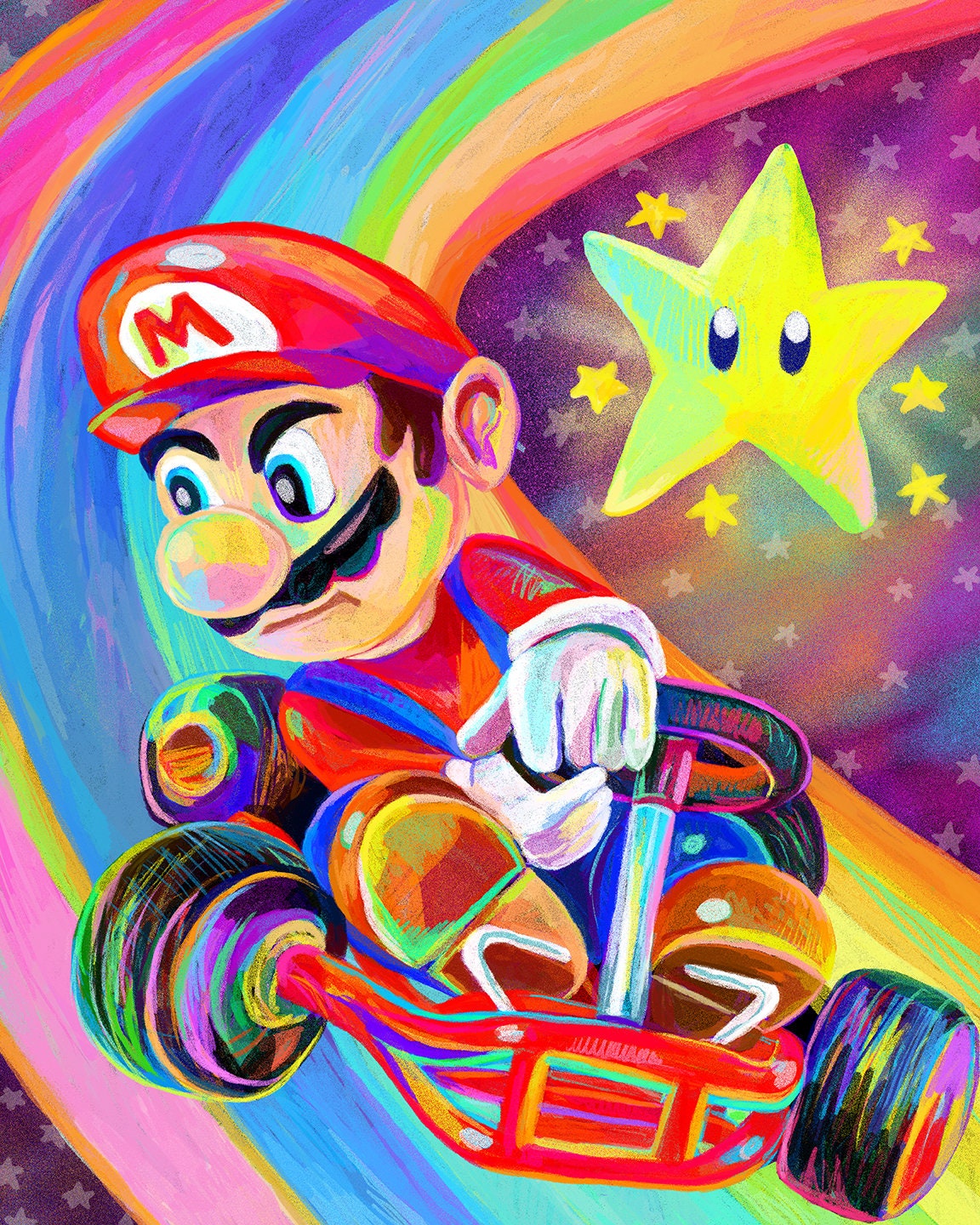 Mario Kart Rainbow Road Poster, Nintendo Themed Wall Art, Game