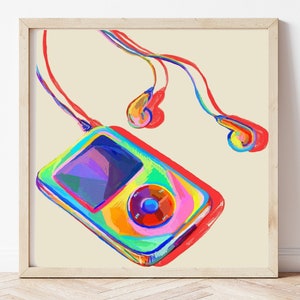 May include: A colorful illustration of a portable music player with bright rainbow colors and a red outline. The player is connected to a pair of bright yellow and blue headphones.