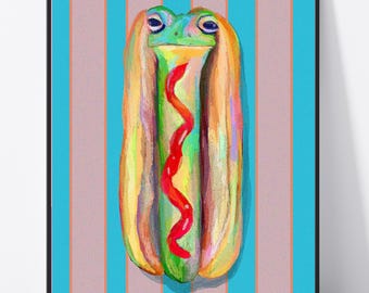 May include: A framed art print featuring a whimsical illustration of a frog in a hot dog bun with ketchup. The frog is green with large eyes, and the bun is yellow and orange. The background has vertical stripes of blue and pink.