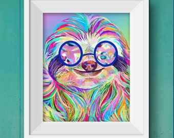 Shady Sloth, Watercolor Art, Art Printable, Wall Art, Kids Decor