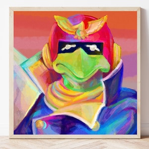 May include: A colorful, framed art print featuring a stylized portrait of a character in a red helmet with a gold emblem, black sunglasses, and a green face. The character is wearing a blue jacket with a yellow collar, set against a vibrant orange and pink background.
