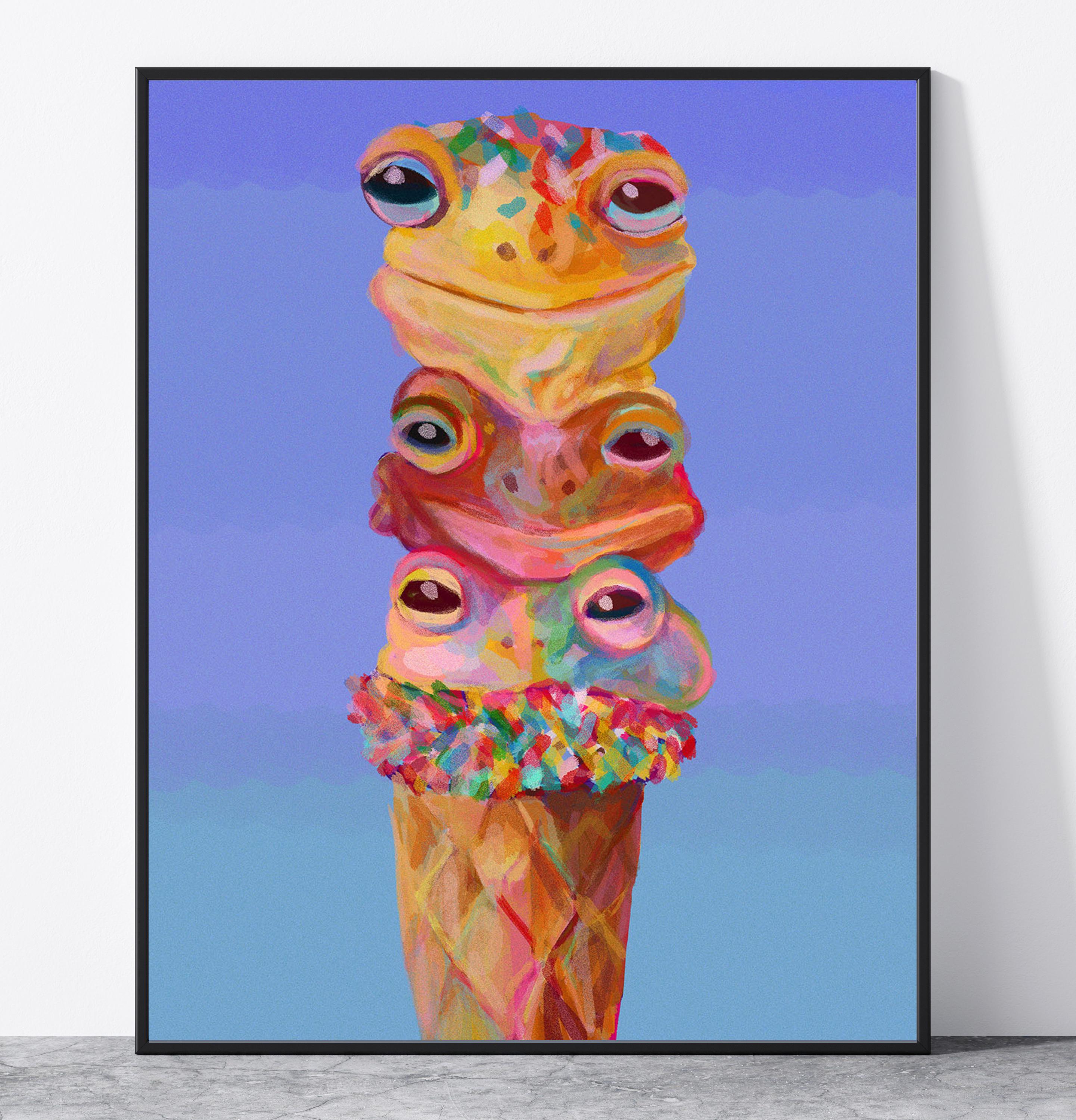 Ice Cream Frog Art Print and Canvas, Funny Quirky Wall Art for