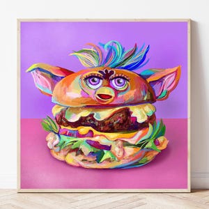 Furby Burger Art Print, 90s themed wall art, Cursed Furby art, Quirky Wall Decor, Weird 90s art