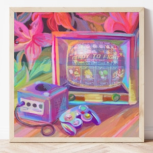 May include: A vibrant painting of a retro video game setup. The artwork features a purple game console, a matching controller, and a screen displaying a game interface with the text "READY TO FIGHT". The background includes floral elements.