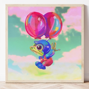 May include: A whimsical painting of a colorful frog character floating with two large pink balloons. The frog is wearing a blue helmet and red overalls, set against a pastel sky with clouds. The artwork is framed in a light wood.