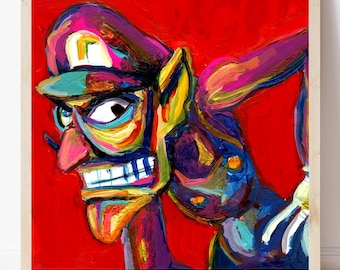Waluigi Acrylic Painting Expressionist Portrait Art Print, Super Mario Fan Art for Game Room