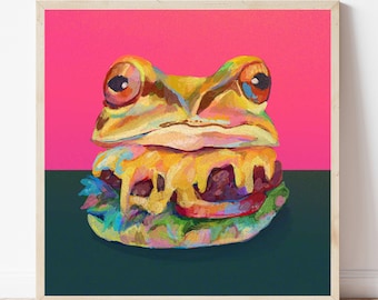 May include: A colorful painting of a frog wearing a hamburger costume. The frog is green, yellow, and orange, and the hamburger is brown, yellow, and red. The background is pink and green.