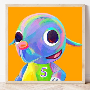 May include: A colorful, whimsical painting of a cartoon character with large eyes, a pink nose, and a smiling mouth. The character wears a yellow shirt with the number 5 in purple. The background is a bright orange.