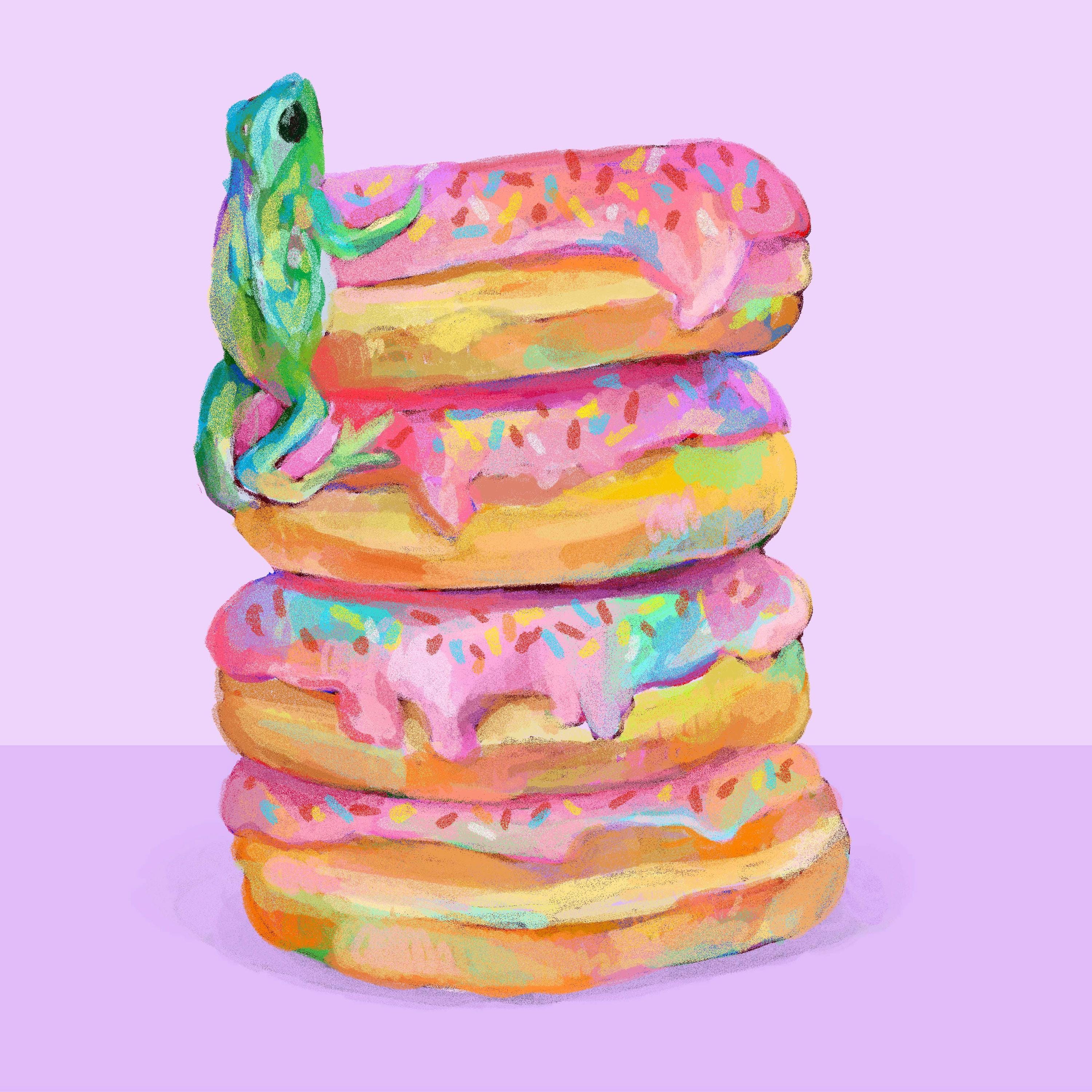 Frog on Donuts Art Print and Canvas for Quirky Kitchen Wall Decor