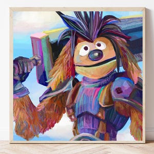 May include: A colorful painting of a puppet character in armor, holding a rainbow-colored object. The puppet has a mohawk and a large nose. The artwork is set against a blue and white sky background.