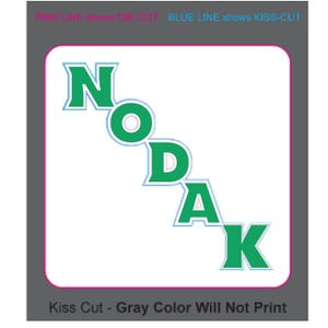 May include: Green vinyl sticker with the word "NODAK" in a diagonal, stacked arrangement. The letters are outlined in blue.