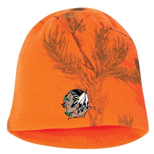 May include: Orange beanie with a camouflage pattern and a team logo of a Native American with a feather headdress.