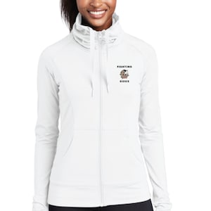 May include: White zip-up jacket with a mock neck collar. The jacket has a small embroidered logo on the left chest that says "Fighting Sioux" with a Native American headdress design.