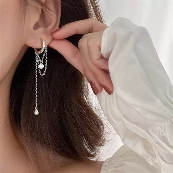 Chain Hoop Earrings Drop Dangle Chain Earring Silver Plated