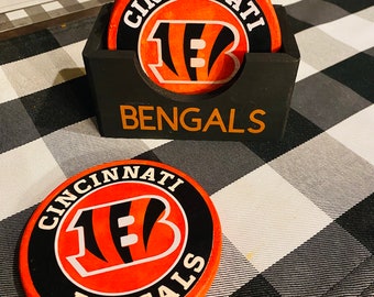 Hand Painted Cincinnati Bengals Coasters - Set of 6 with Holder