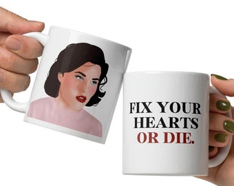Taza inspirada en Twin Peaks / Arregla tus corazones o muere / Ilustración de Audrey Horne / Cita de David Lynch y Gordon Cole / Café y té