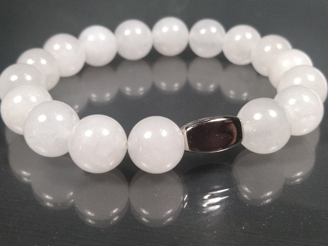 Beautiful White Jade Stone Bracelet w/ Silver 10MM Custom Etsy
