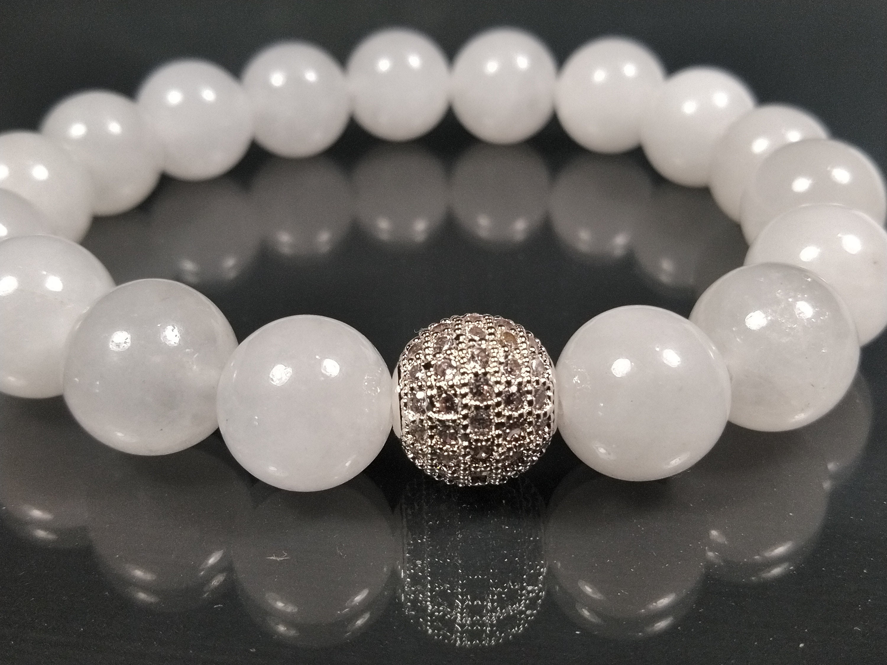 Beautiful White Jade Stone Bracelet w/ Cubic Zerconia 10MM Etsy