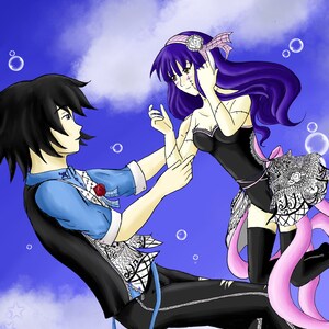 May include: A digital illustration of a couple floating in the sky. The woman has long purple hair and is wearing a black dress with pink tentacles. The man has black hair and is wearing a blue shirt and black pants. The background is blue with white clouds and stars. The text "Rhissin" is written in red at the top of the image.