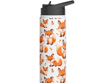 Insulated Water Bottle Thermos, 18oz, Cute Baby Foxes - Double Walled Stainless Steel, Keeps Drinks Hot or Cold