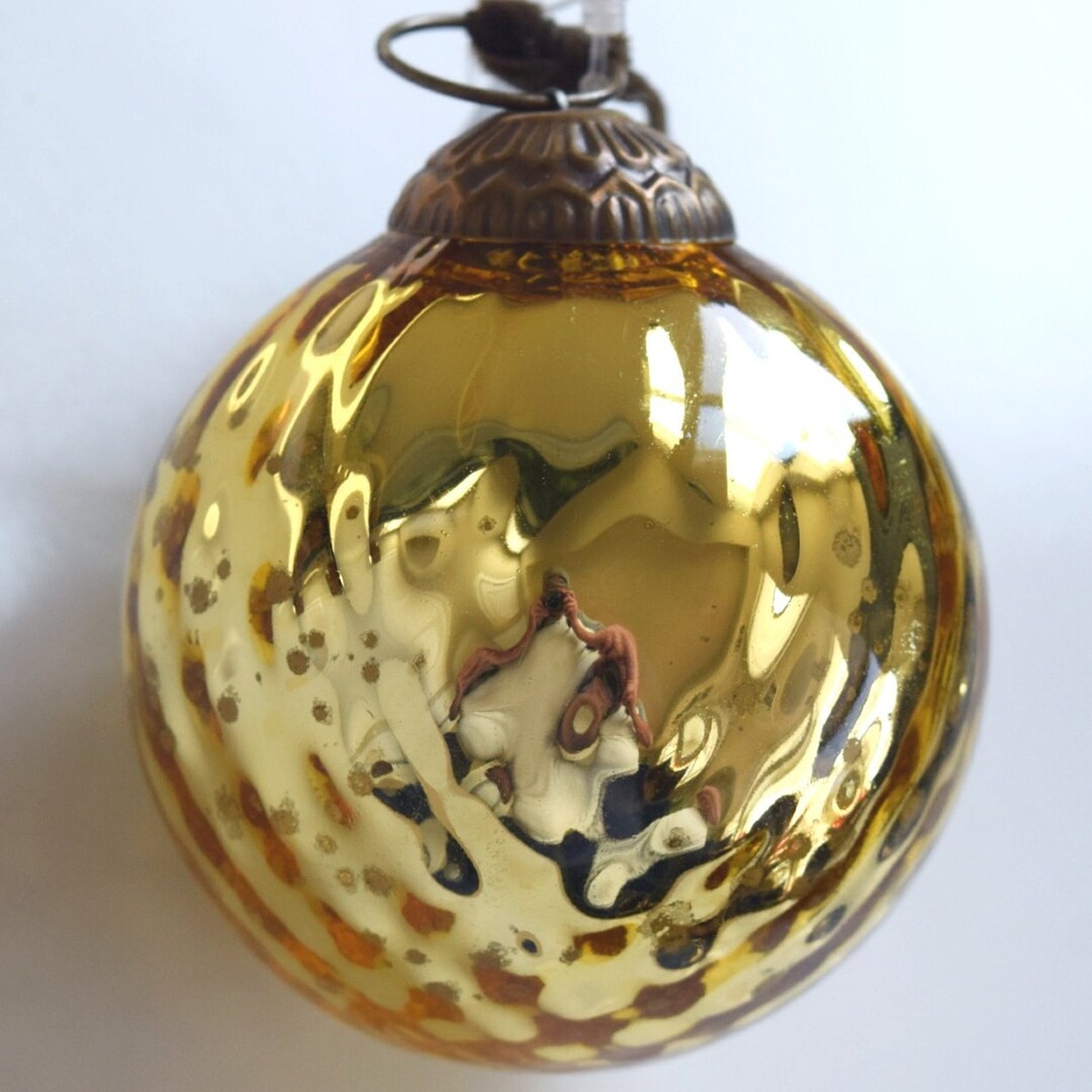 Set of 4 Gold Mercury Glass Ornaments 3.15 Inch Antique Embossed Ball