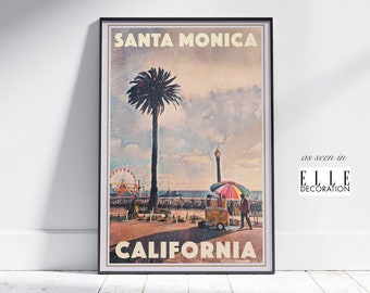 Santa Monica Pier Vintage Style Poster, California Beach Art Decor, Limited Edition Coastal Wall Art, Alecse Travel Poster, Unique Home Gift