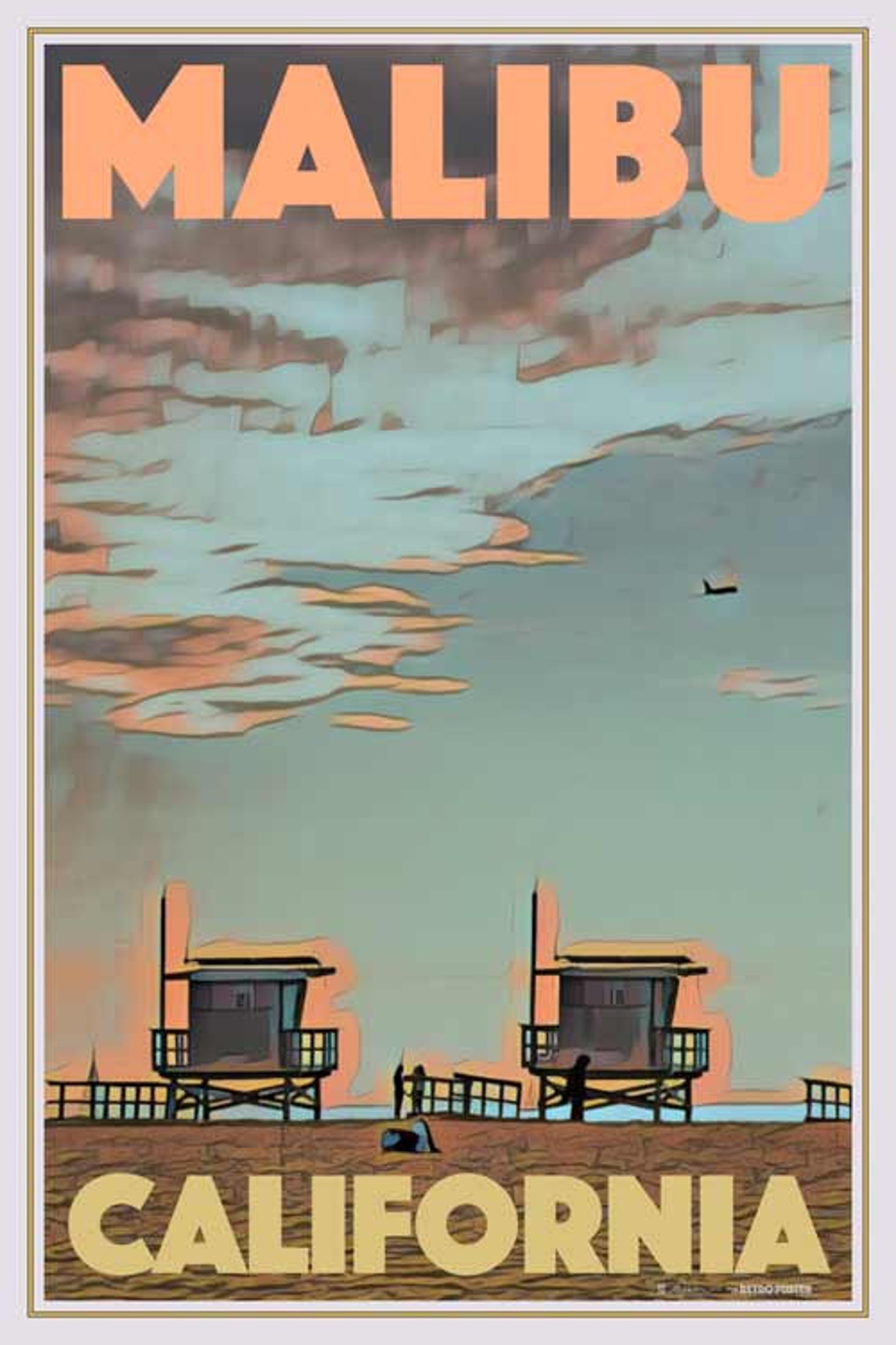 Poster Malibu Beach Vintage Retro Poster California Etsy