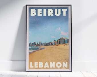 Beirut Poster From the Beach by Alecse | Limited Edition | Beirut Travel Poster | Classic Lebanon Gallery Wall Print of Beirut (Beyrouth)