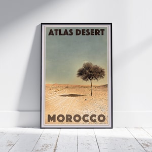 Atlas Desert Poster - Vintage Moroccan Landscape Print by Alecse | Retro Art Decor, Morocco Wall Art, Desert Tree Illustration