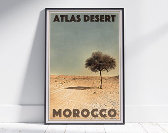 Atlas Desert Poster - Vintage Moroccan Landscape Print by Alecse | Retro Art Decor, Morocco Wall Art, Desert Tree Illustration