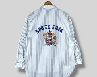 Vintage Y2K SPACE JAM Casual Oxford Shirt Medium Looney Tunes Cartoons Pinstripe Flannel Tunes Squad Nba Boyfriend Shirt Buttond Up Size M